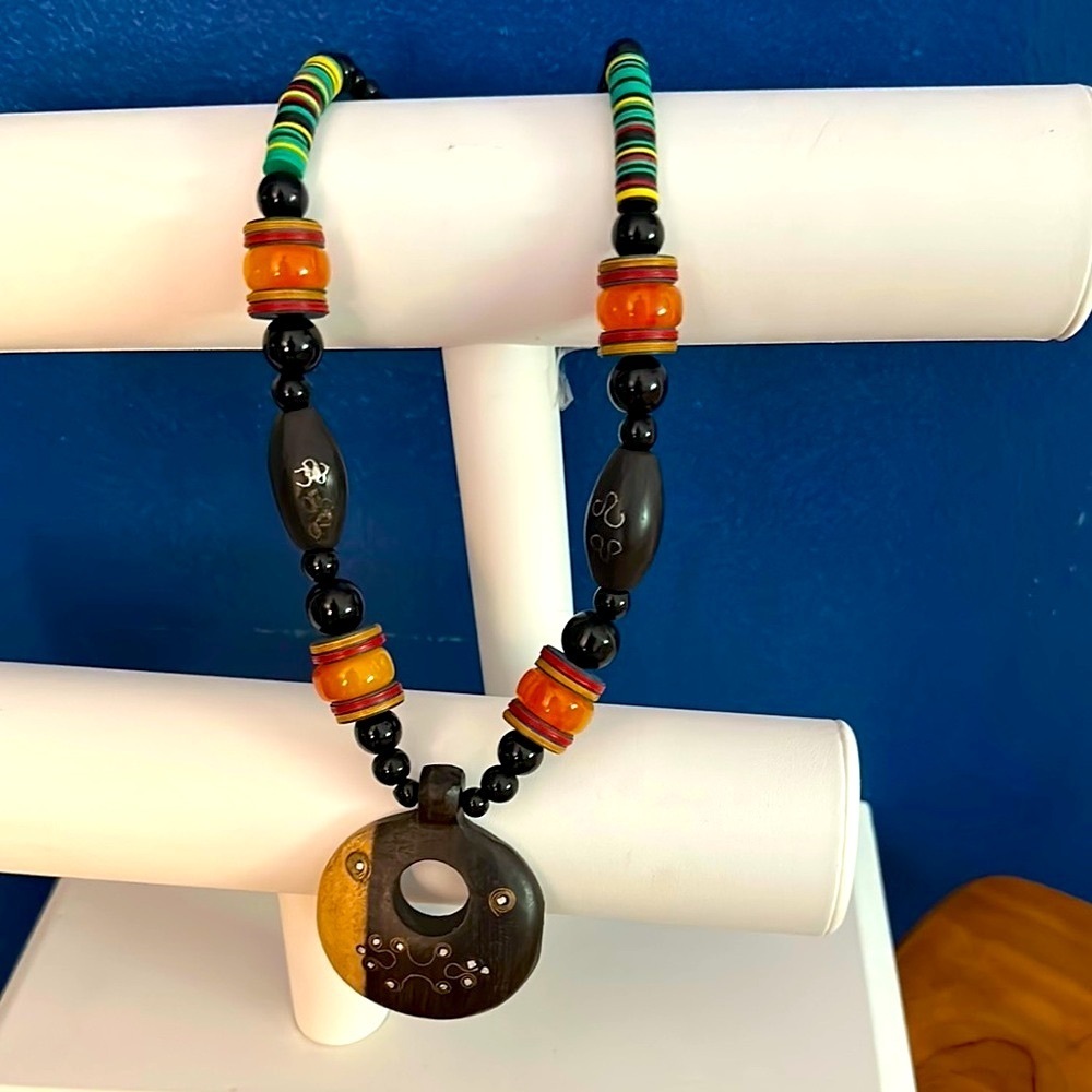 Women’s Vintage Colorful Handcrafted African Pendant Wooden Beaded Necklace